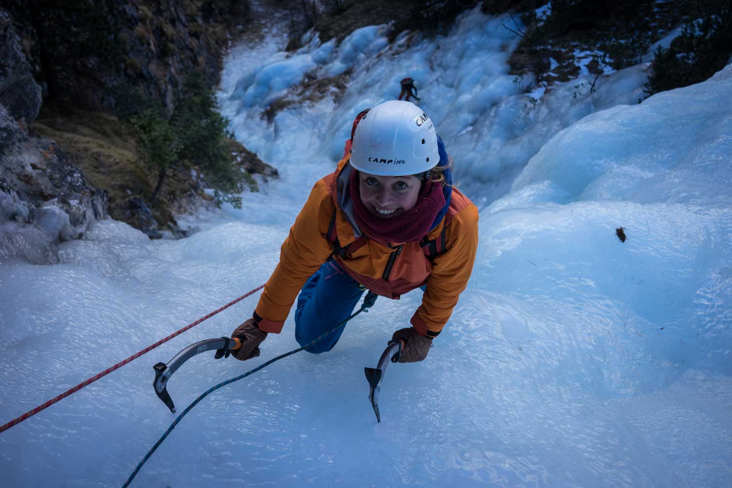 Ice climbing initiation.