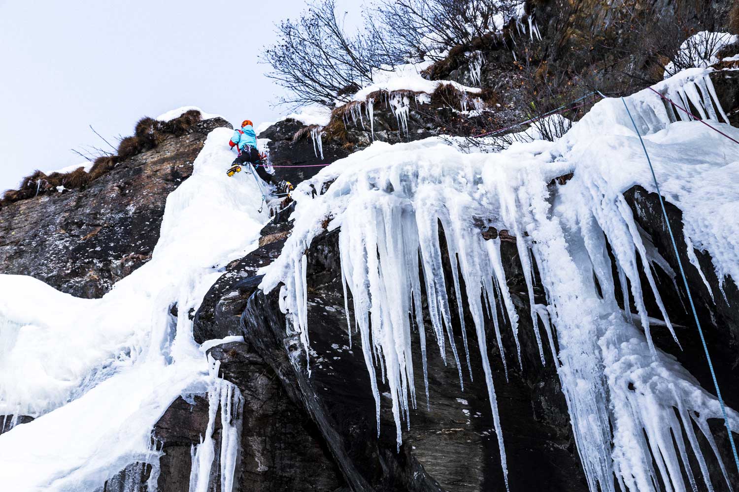 Ice climb, ice axe and crampons.